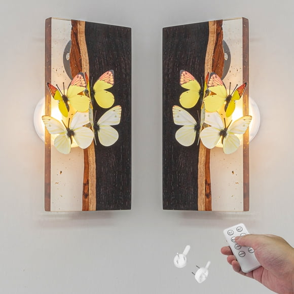 FSLiving Resin and Wooden Wall Lighting Fixtures with 3D Simulated Butterflies,Battery Operated Wall Sconces with Remote,Dimmable Nightstand Lamp for Visitor Room Bedroom Entrance - Set of 2