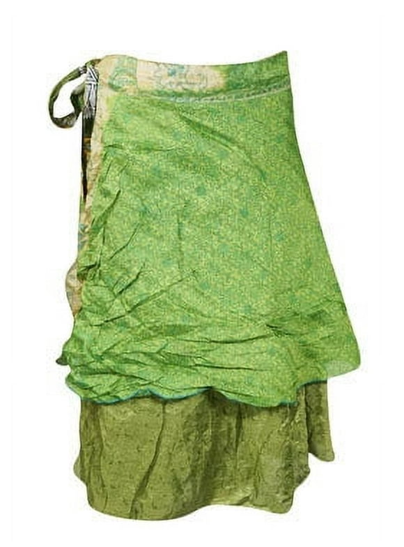 Mogul Womens Wrapskirt Green Handmade Floral Beach Skirt One Size