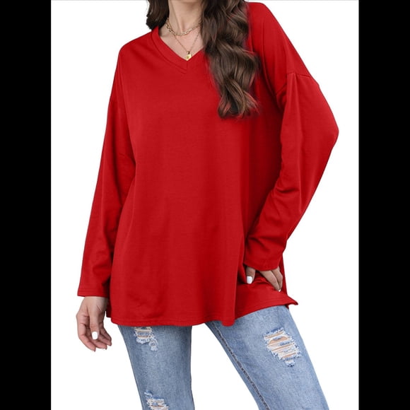 Blusas de Mujer de Larga con Cuello en V, Túnicas Casuales, Camisas Básicas, Blusas Holgadas Rojo M