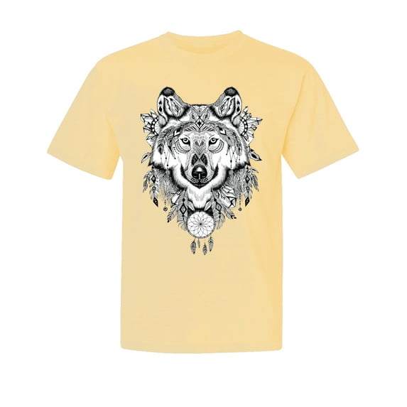 Wild Bobby, Drawn Tribal Wolf, Animal Lover, Garment-Dyed Washed Look Short Sleeve T-Shirt, Banana, Large