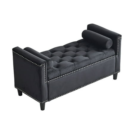 Miniyam 44.5  Storage Bench with Velvet Upholstery  Armrests  Nailhead Trim for Bedroom  Entryway  Black