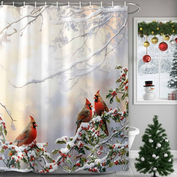 Christmas Shower Curtains for Bathroom, Winter Snowfall Forest Bough Cardinal Berries Waterproof Fabric Shower Curtain for Bathroom Bathtub Decoration, Machine Washable, 36"x72"
