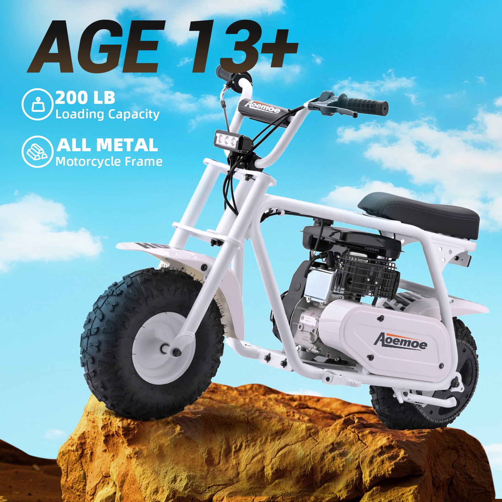 Aoemoe MB001 Gas Powered Mini Dirt Bike 99CC for Teens and Adults, 22MPH Off Road Motorcycle, Weight Support Up to 200 LBS - White