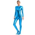 thumbnail image 3 of YONGHS Women's Shiny Holographic Unitard Zentai Jumpsuit Mock Neck Zipper Front Bodysuits Catsuits Sky Blue XXL, 3 of 6