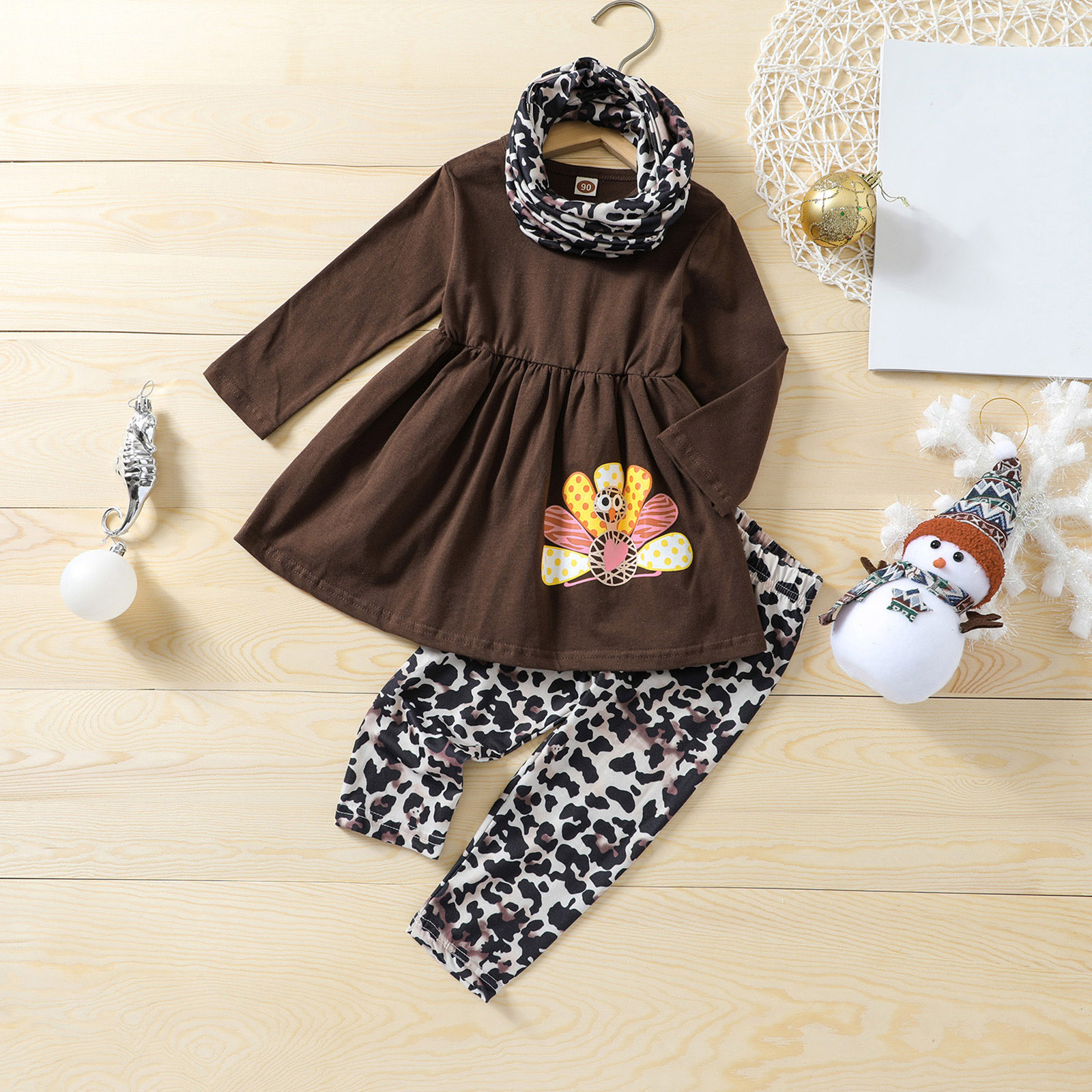 Long Sleeves Teen Girls Thanksgiving Kids Child Baby Girls Cute Cartoon Long Sleeve Dress Blouse Tops Leopard Print Pants Trousers With Headbands Clothes Set 3PCS Cute Outfit Kid Girl - image 2 of 9