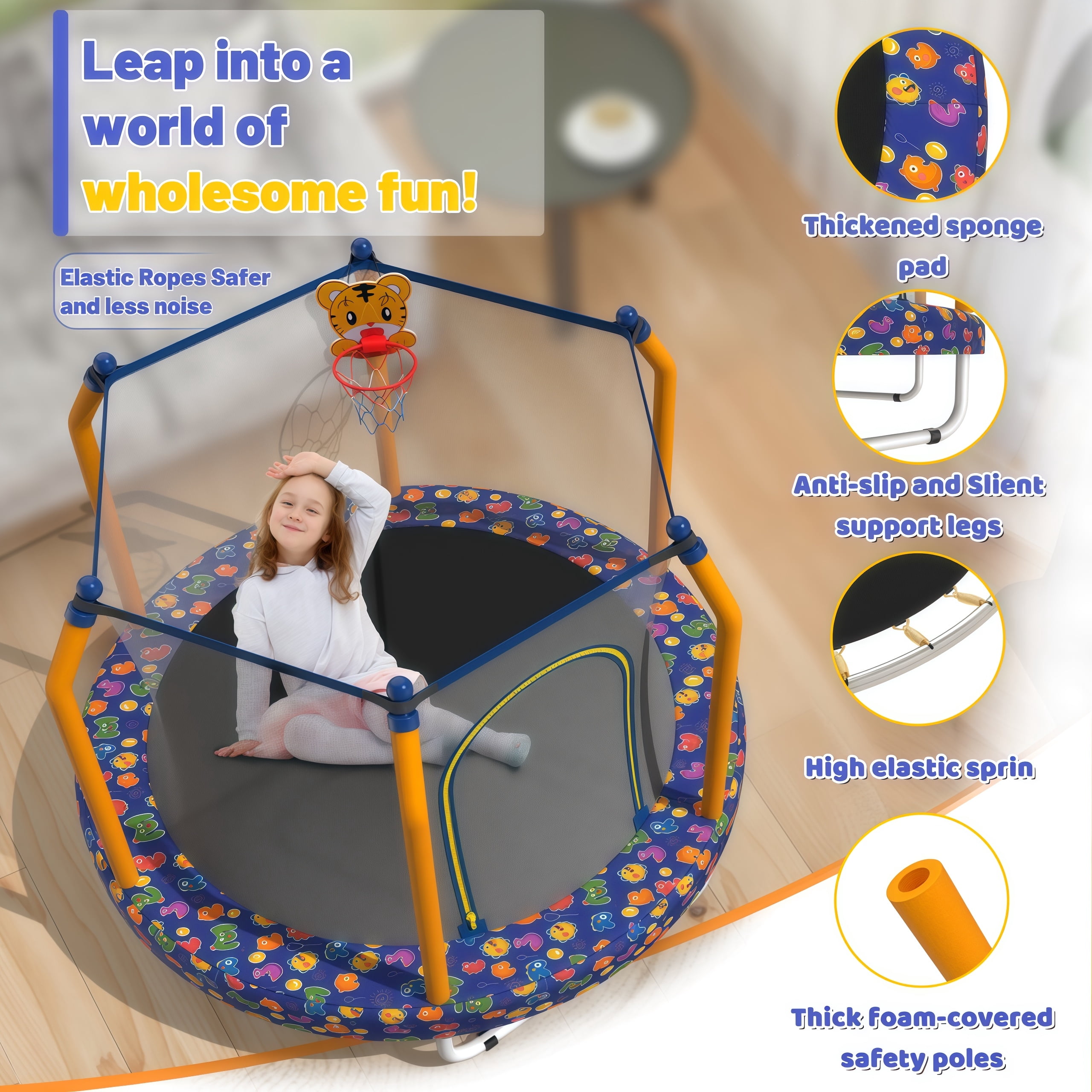 55 inch Round Kids Trampoline, Bouncing Trampoline with Safety Enclosure Net, Basketball Hoop, Capacity for Indoor & Outdoor Small Toddler Trampoline,Blue Marine