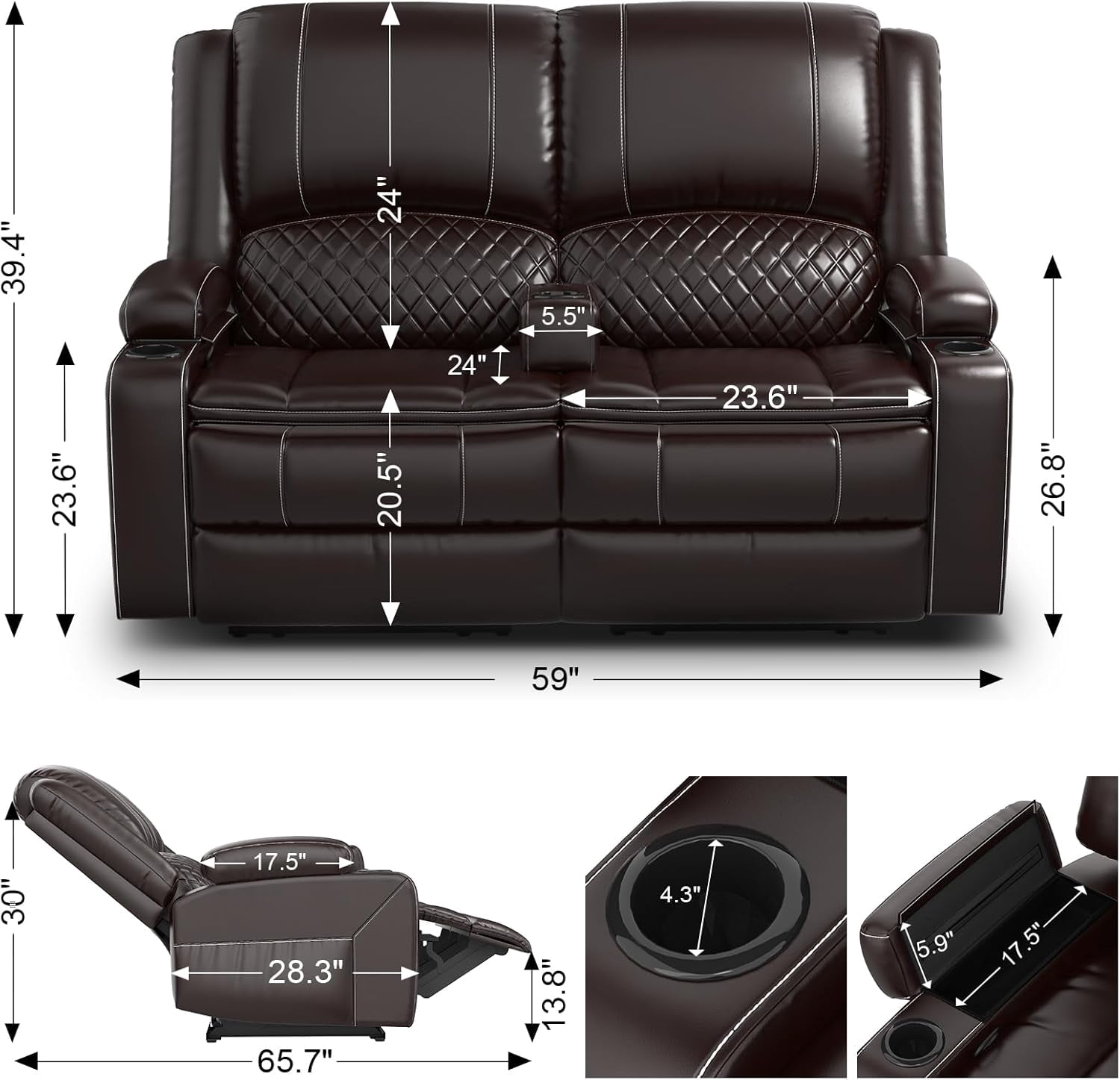 Loberfve Reclining Loveseat Sofa, Power Wall Hugger Recliner for Home Theater RV, Storage USB, Removable Armrest, 2-Tier Cushion, Brown