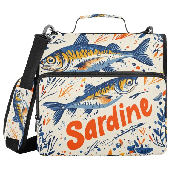 FORMRS Zipper Binder with Shoulder Strap 2-inch Ring 500 Sheet Capacity File Bag, Blue Sardines Pattern