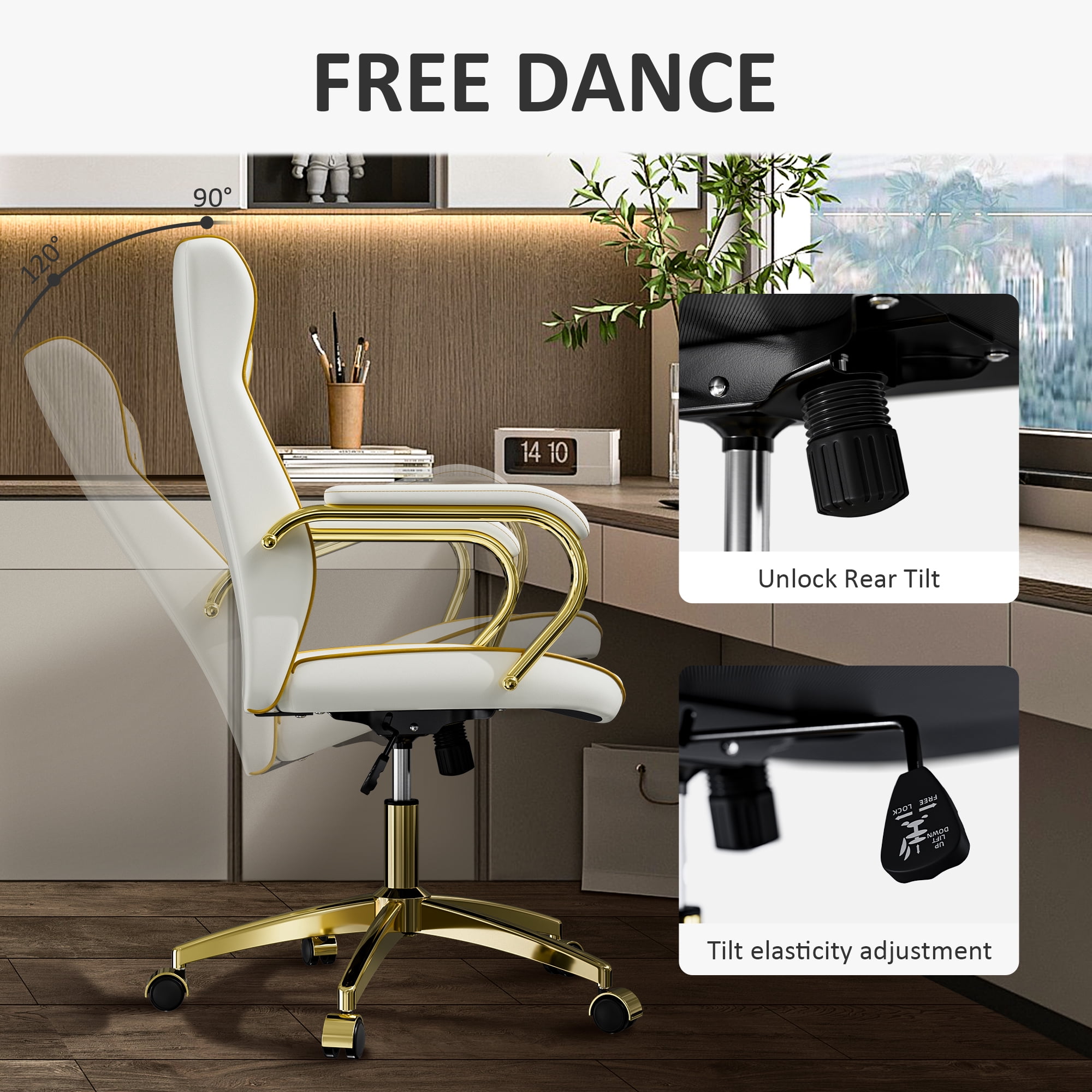 Ninecer Swivel PU Leather Office Chair, Ergonomic High Back Desk Chair with Padded Armrests, Computer Desk Chair with Gold Metal Frame, White