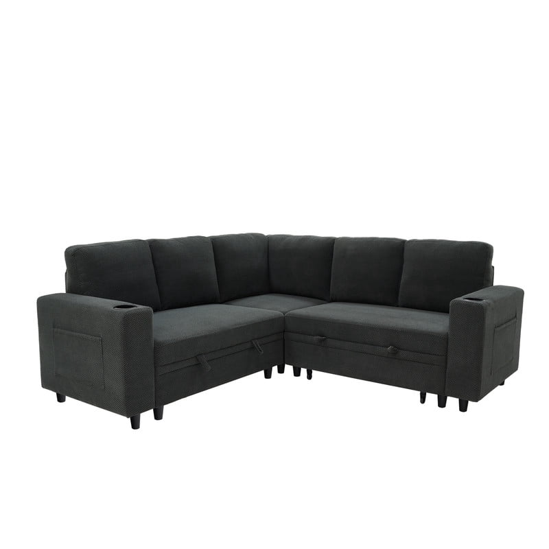 L-Shape Sectional Sofa with Pull-Out Sleeper Bed, Storage Chaise, Cup Holders & Side Pockets, Convertible Corner Sofa Couch for Living Room, Apartment & Guest Room