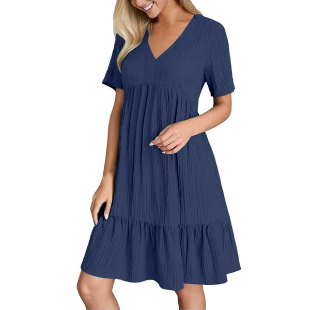 Women Casual Fashion Solid Color Button V Neck Short Sleeve Shirt Dress