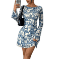thumbnail image 2 of Women's Floral Print Off Shoulder Long Sleeve Mini Dress Blue M, 2 of 8