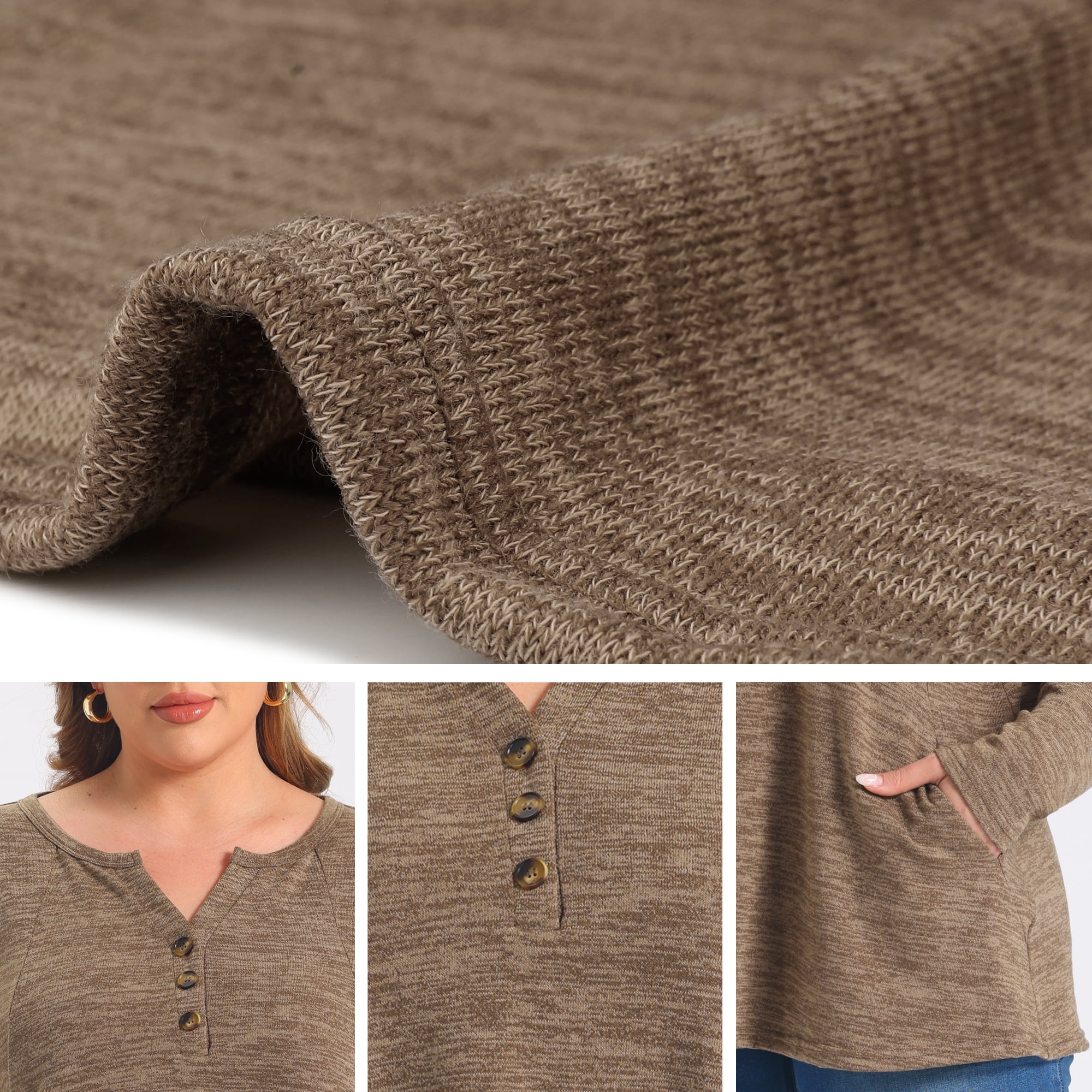 DARING DIVA Women's Plus Pocket Notch Neck Long Sleeve Blouses 3X Brown