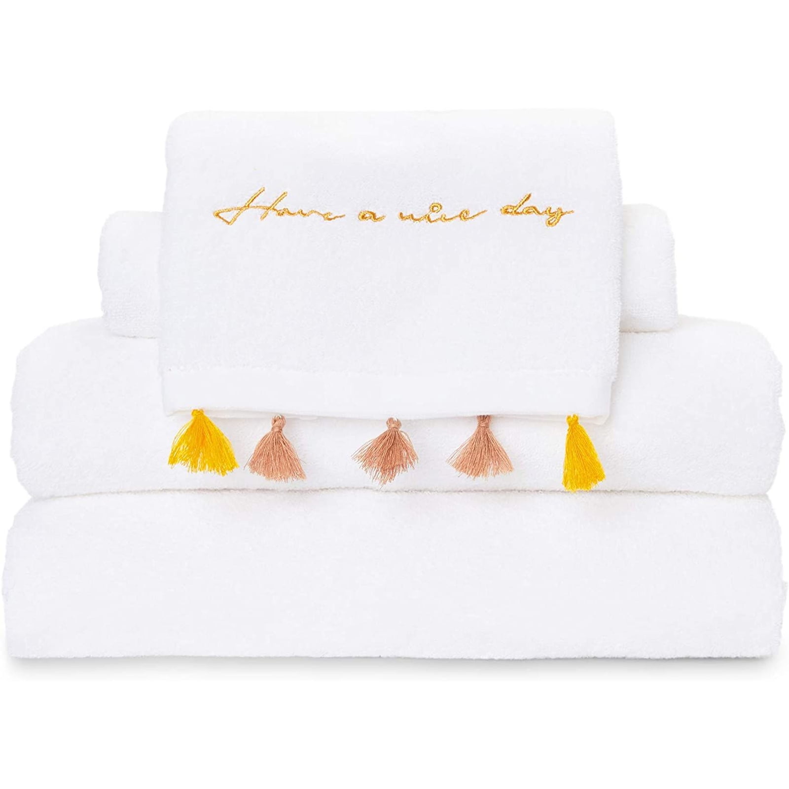 4-Piece White Bohemian Style Chic Cotton Bath Towels & Hand Towels Set with Tassels, 2 Sizes