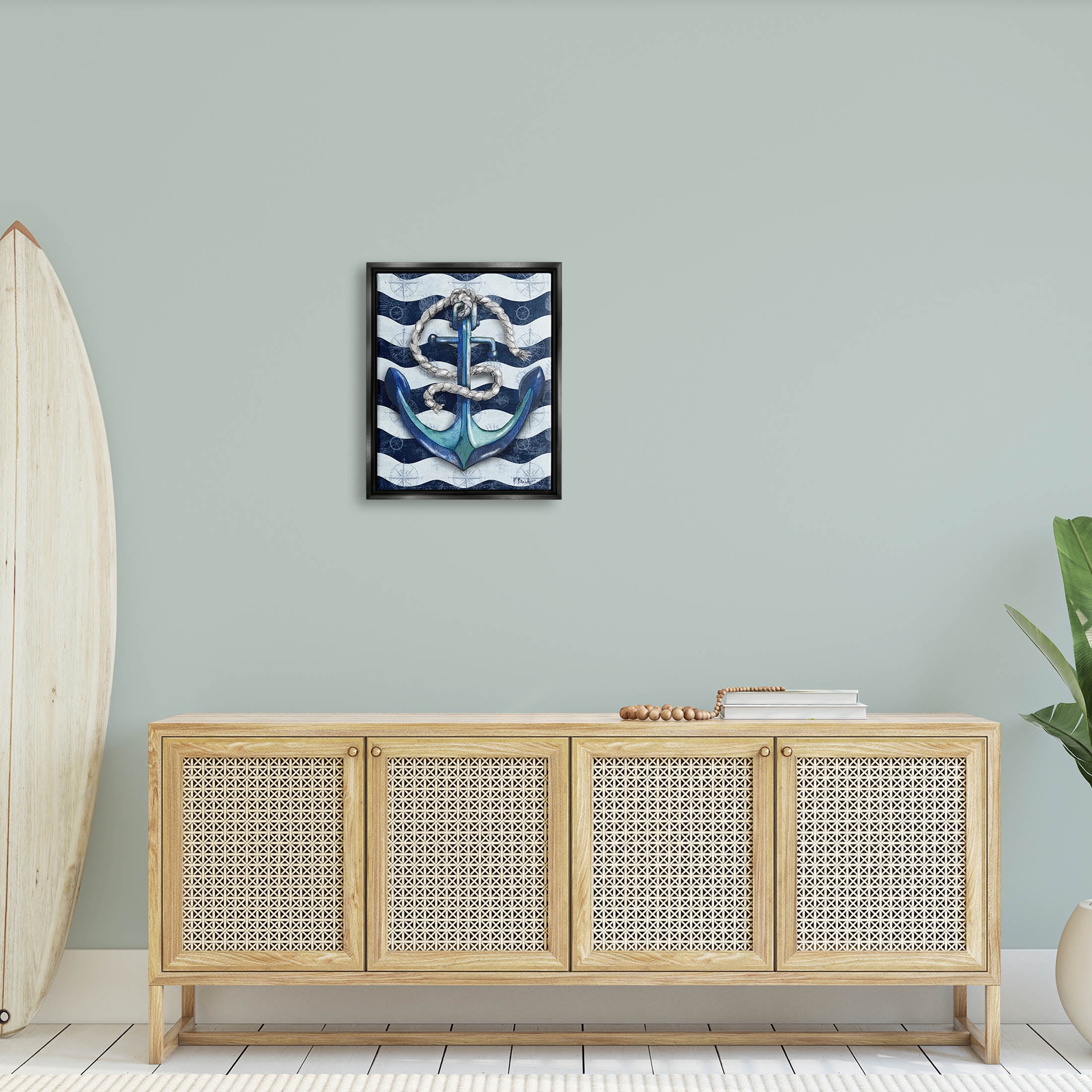 Stupell Industries Nautical Anchor Wavy Navy Stripes Graphic Art Jet Black Floating Framed Canvas Print Wall Art, Design by Paul Brent