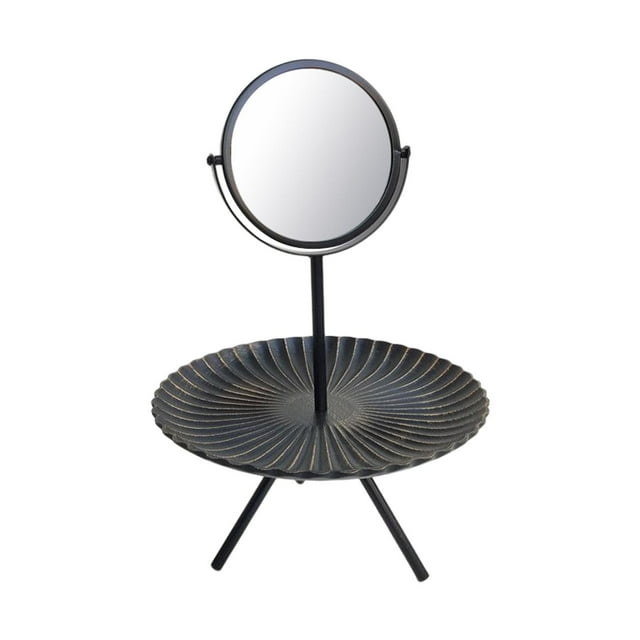 Espejo de maquillaje de escritorio con bandeja de madera, espejo cosmético de regalo para niñas para baño. Negro
