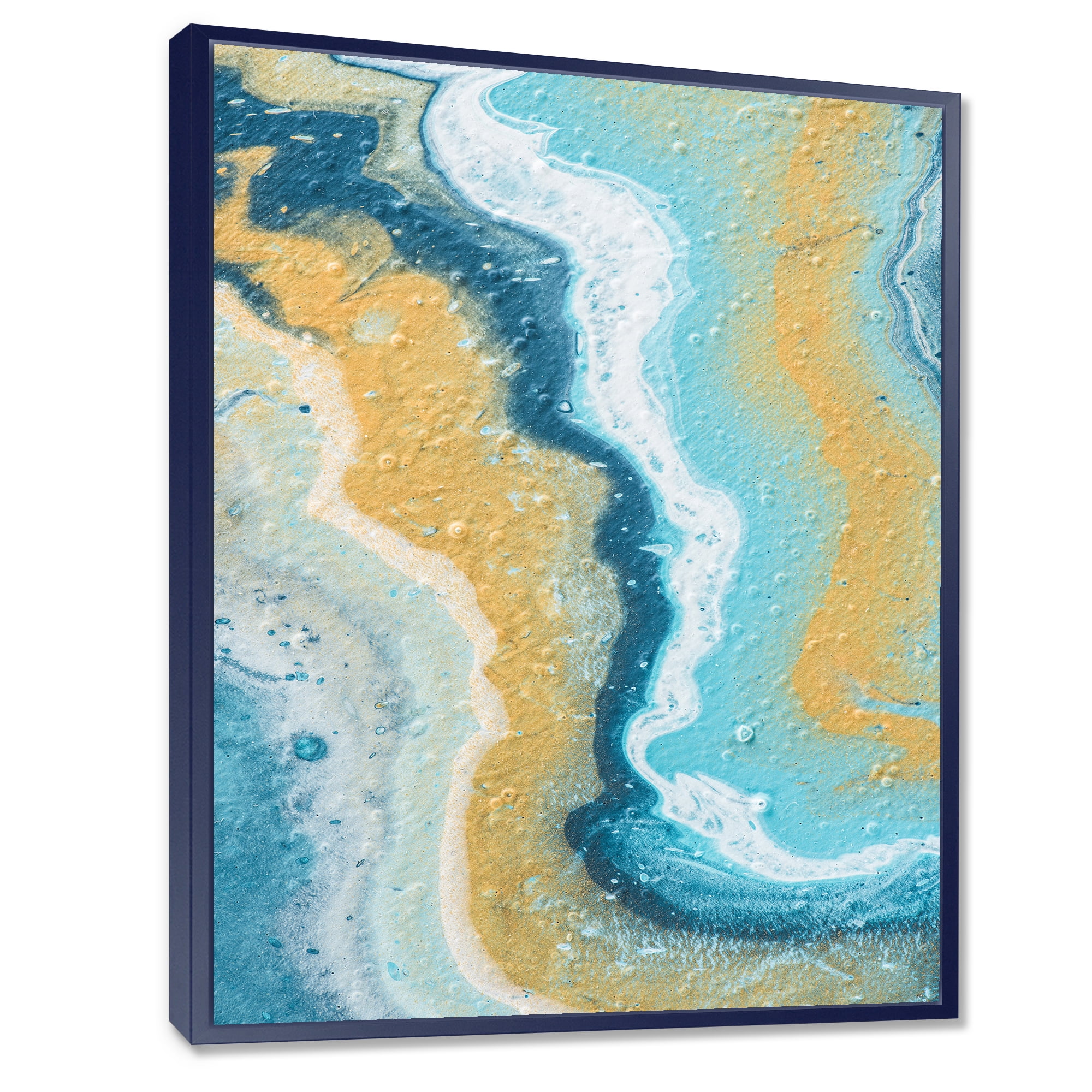 Designart 'Abstract Marble Composition In Blue and Yellow III' Modern Framed Canvas Wall Art Print