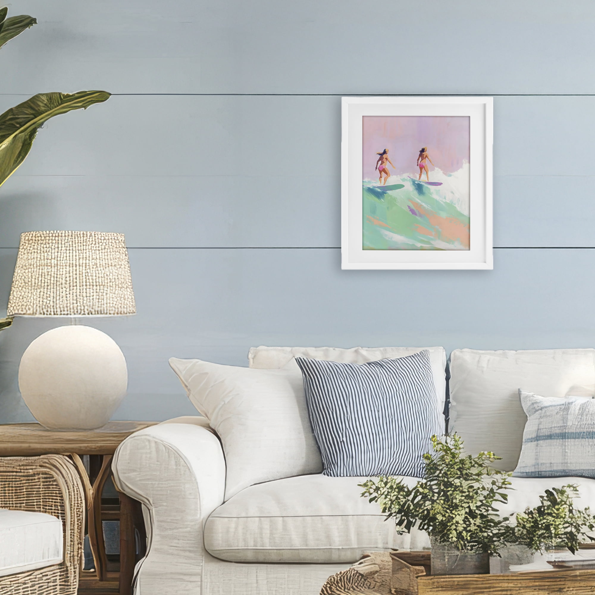 Stupell Industries Two Surfing Girls on Wave White Framed Print Under Glass, design by The Prints Vibe