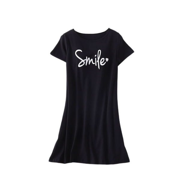 Defitshape Women's Cotton Nightgown Cute Graphic Pajama Dress Short Sleeve Padded Sleep Shirt Comfy Short Casual Summer Sleepwear Built in Shelf Bra Black 14