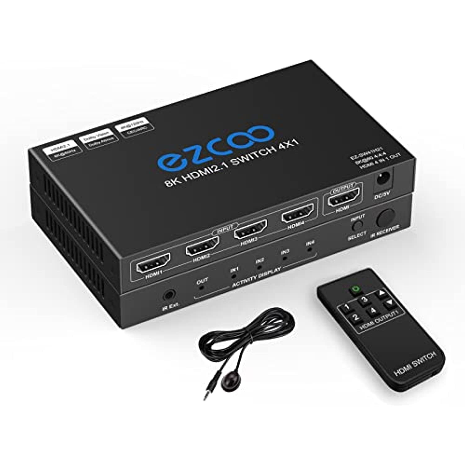 HDMI Switch 8K 4x1 120Hz 48Gbp, HDCP 2.3,ARC,VRR,CEC,HDMI Switcher 4 in 1  Out,4 Port HDMI Selector,IR Remote,3D,HDR 10,Dolby Atmos,for QLED