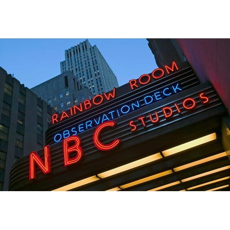 Neon lights of NBC Studios and Rainbow Room at Rockefeller Center, New York City, New York Print Wall