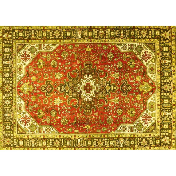 Ahgly Company Machine Washable Indoor Rectangle Medallion Yellow Traditional Area Rugs, 8' x 12'