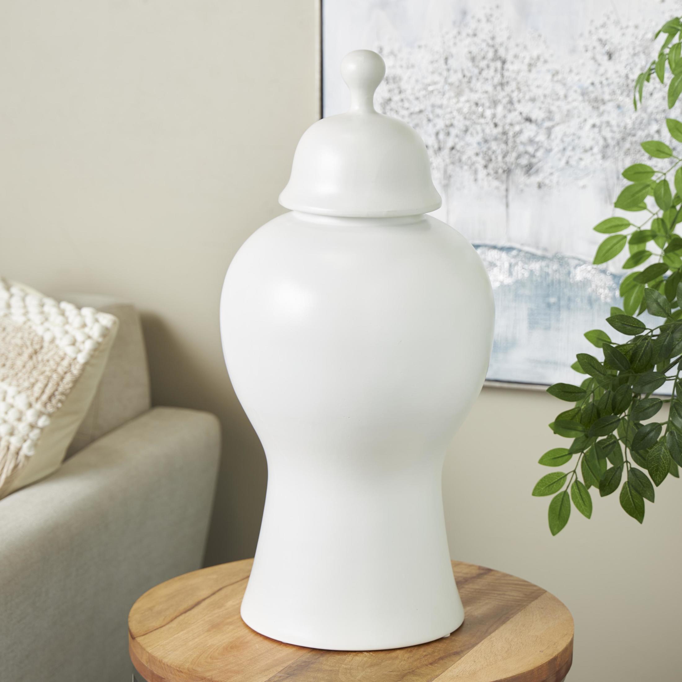 DecMode 12" x 25" White Ceramic Rounded Hourglass Decorative Jars with Lid and Ball Knob, 1-Piece