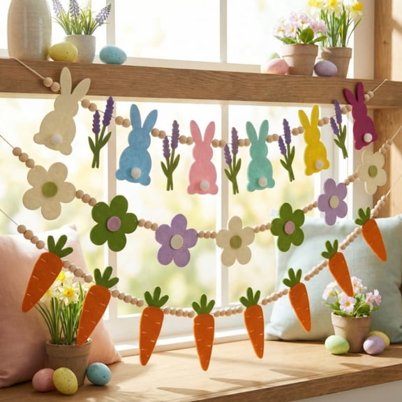 Goowood Easter Decorations Easter Garland Bunny Carrot Flower Easter Banner Spring Holiday Decor for Home Mantle Party Decorations