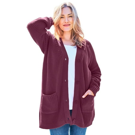 Woman Within Women's Plus Size Button-front Shaker Cardigan Color: Deep Claret Size: 3X