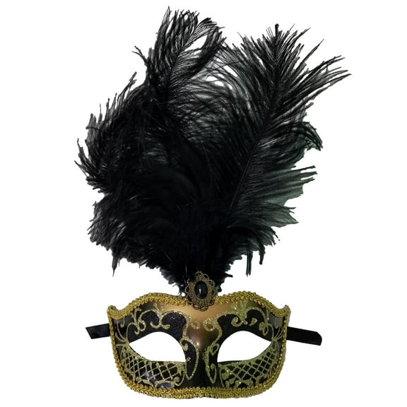 Black Gold Feather Venetian Masquerade Mardi Gras Jewel Mask