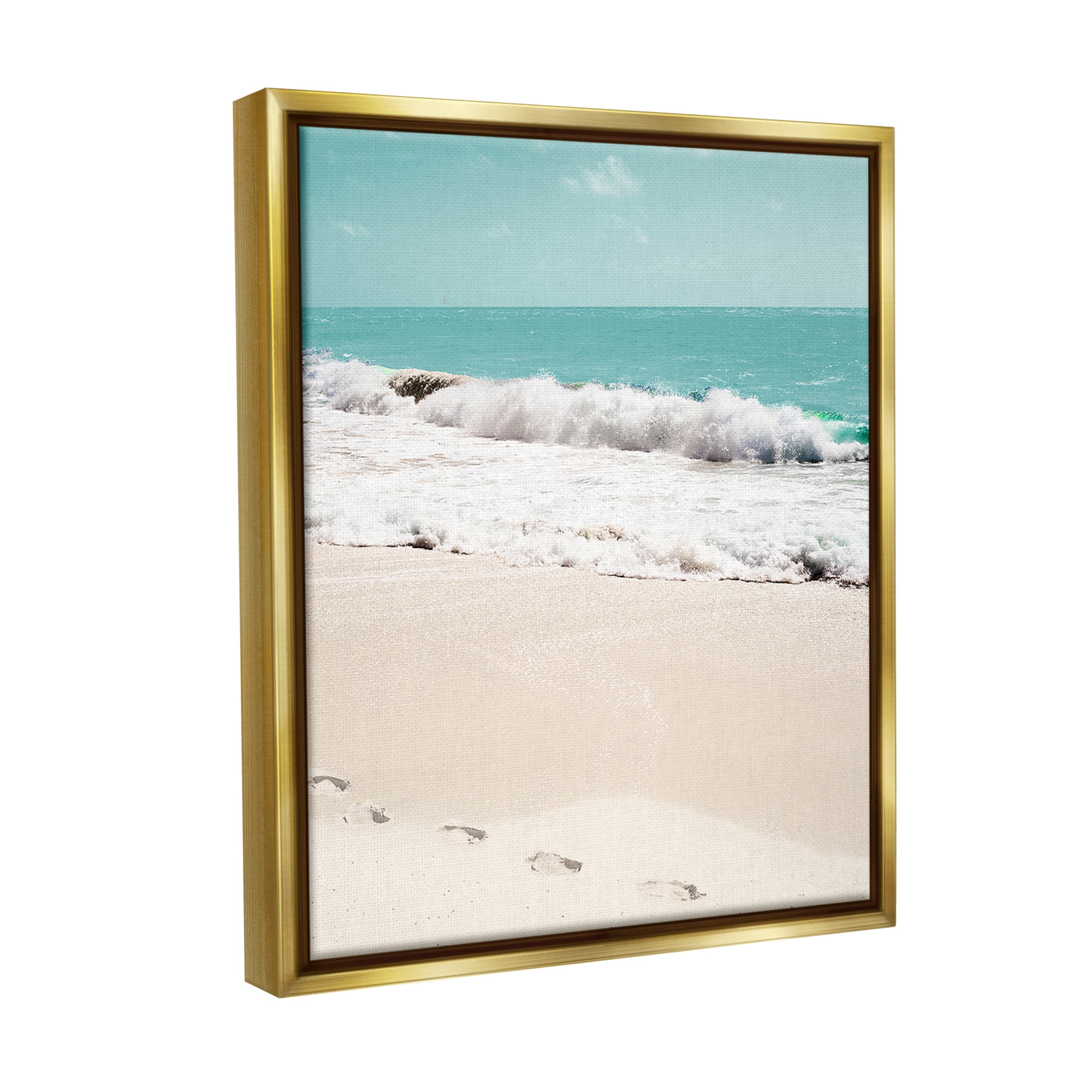 Stupell Industries Footprints on Beach Shore Landscape Photography Gold Floater Framed Canvas Art Print Wall Art, 17 x 21