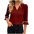 thumbnail image 3 of Tqcoqu Women's 3/4 Sleeve Tops Tunic Casual Pleated V Neck Business Work Blouses Office Shirts,Red,Women's S-XXL, 3 of 9