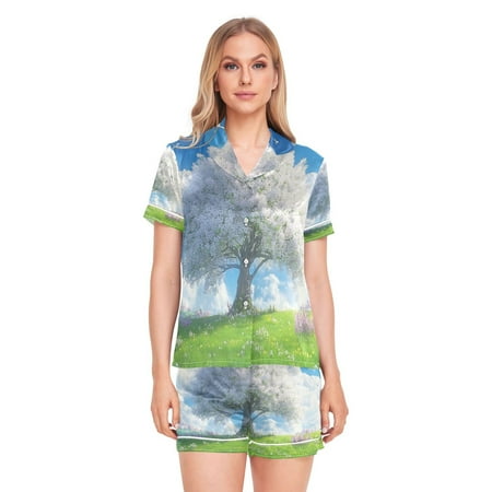 Women Silk Pajama Sets Causal Outings Fashion Blossoming Tree in Sunny Field Pattern Home