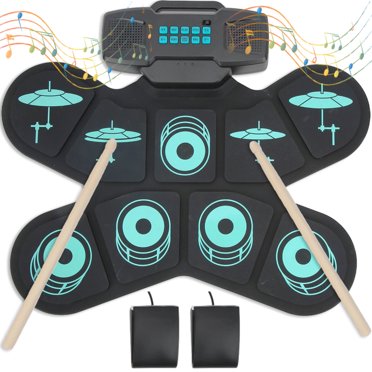 Electronic Drum Set Roll Up Electric Drum Quiet Drum Pad with 10 Demo 10 Tunes, Built-in Stereo Speakers, Foot Pedals, Sticks, Perfect Gift, Adults and Beginners