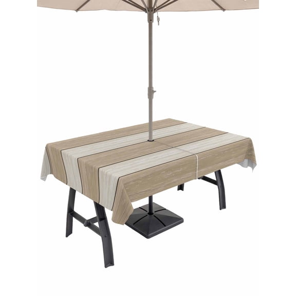 60x102 Inch Outdoor Tablecloth with Umbrella Hole Zipper Rectangle Brown Ombre Wooden Rectangular Tablecloths Outside Waterproof Farmhouse Retro Khaki Wood Patio Table Cloth Cover for Picnic Party