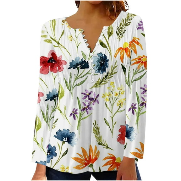 Dyegold Long Sleeve Tunic Tops For Women Fall Fashion 2023 Pleated V-Neck Blouses Casual Vintage Boho Floral Shirts Tshirts