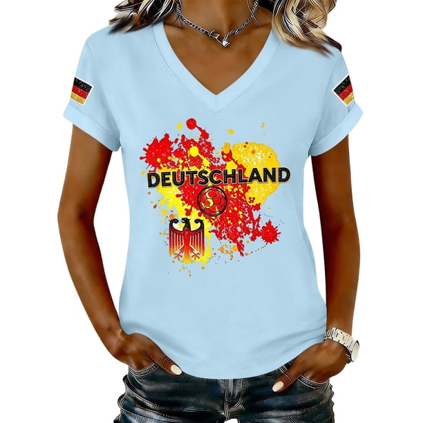 Women's Germany Football Graphic T-Shirt, V-Neck Casual Letter Print T-Shirt, Fashion Short Sleeve Graphic Tee, Summer Daily Lightweight Tops for Soccer Tournament 2026 Light Blue Size: L