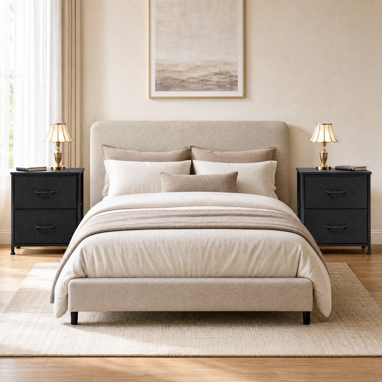 Telyra Nightstands Set of 2 20" Fabric Bedside Tables with 2-Drawer Wood Tops and Steel Frames Small Storage Organizers, Black