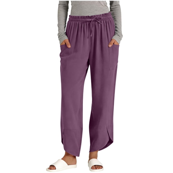 Ecqkame Women's Straight Leg Pants Fashion Casual Solid Color Elastic Waist Trousers Lightweight Comfortable Pant with Pockets Purple XL