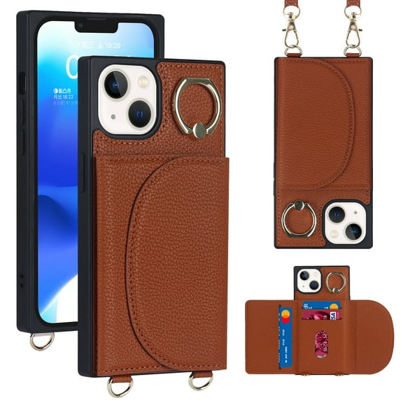 Decase Compatible with iPhone 14 Pro Max Case, Crossbody Wallet Case, Adjustable Detachable Lanyard Neck Strap with Ring Stand Leather Card Holder Protective Cover, Brown