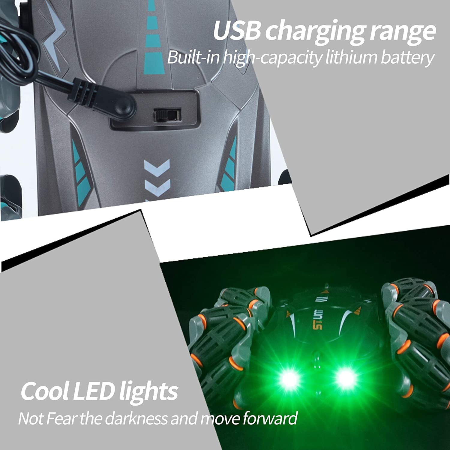 LNKOO Remote Control car Drifting, Drifting, bidirectional Driving Stunt, high-Speed Climbing Off-Road Vehicle, with LED Colorful Lights, with Rechargeable Battery (Silver)
