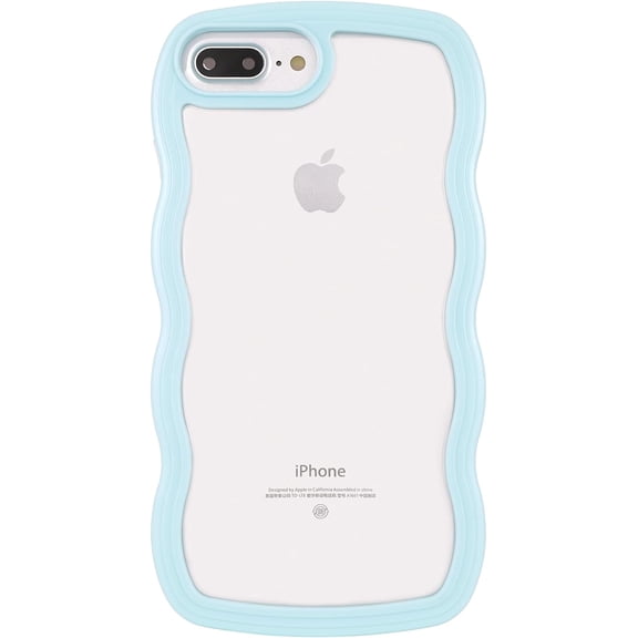 for iPhone 7 Plus/8 Plus Case, Cute Kawaii Glitter Sparking Curly Wave Frame Shape Design, Soft TPU Hard PC Shockproof Protective Bling Phone Cover for Women Girls, Clear-Blue