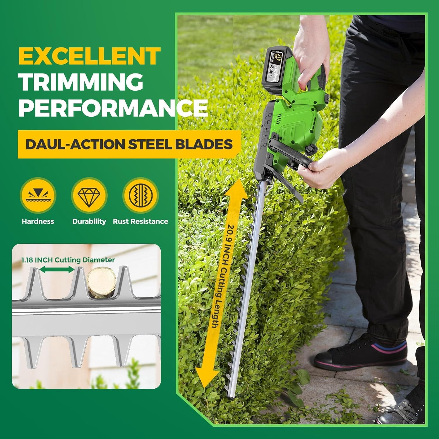 20 Inch Cordless Hedge Trimmer with 2 Batteries, 21V Electric Brushless Garden Tool for Tree and Lawn