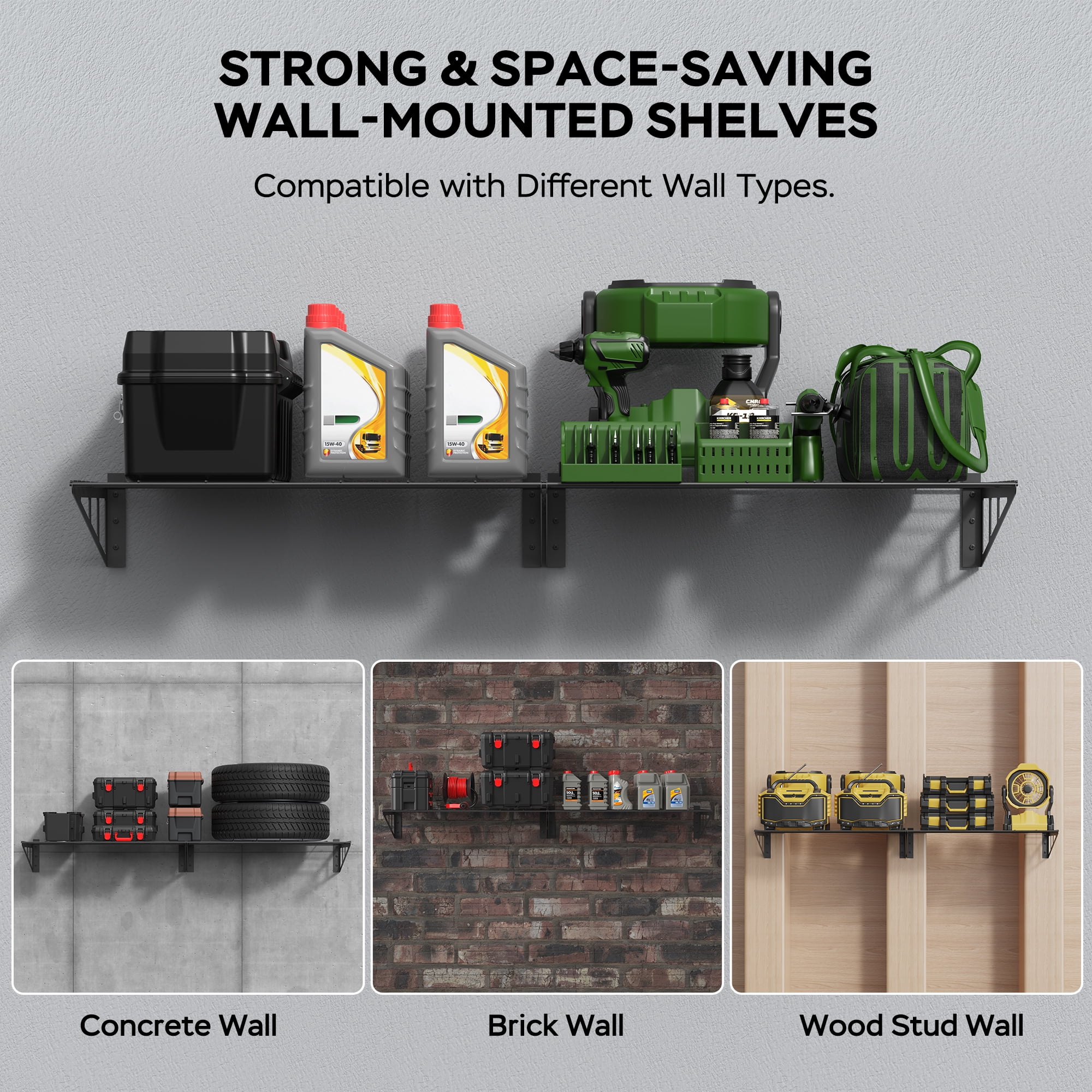 Sedalip 4-Pack Garage Wall Shelves, 2' x 3' Modular Steel Wall Mounted Storage Shelves for Tools, Bins, Tires, Black