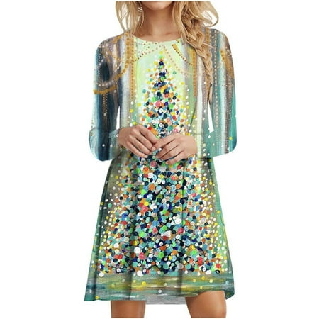 

Njoeus Fall Dresses for Women 2022 Plus Size Winter Wedding Guest Dresses for Women 2022 Women s Fashion Christmas Christmas Tree Print Long Sleeve R