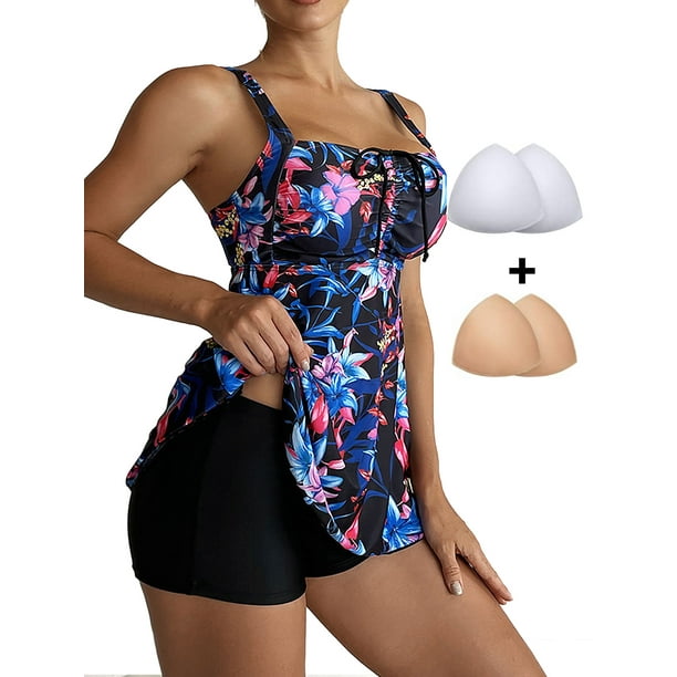 FORJOE Women Tankini Swimsuits Vintage Floral Print Tank Top with Boy