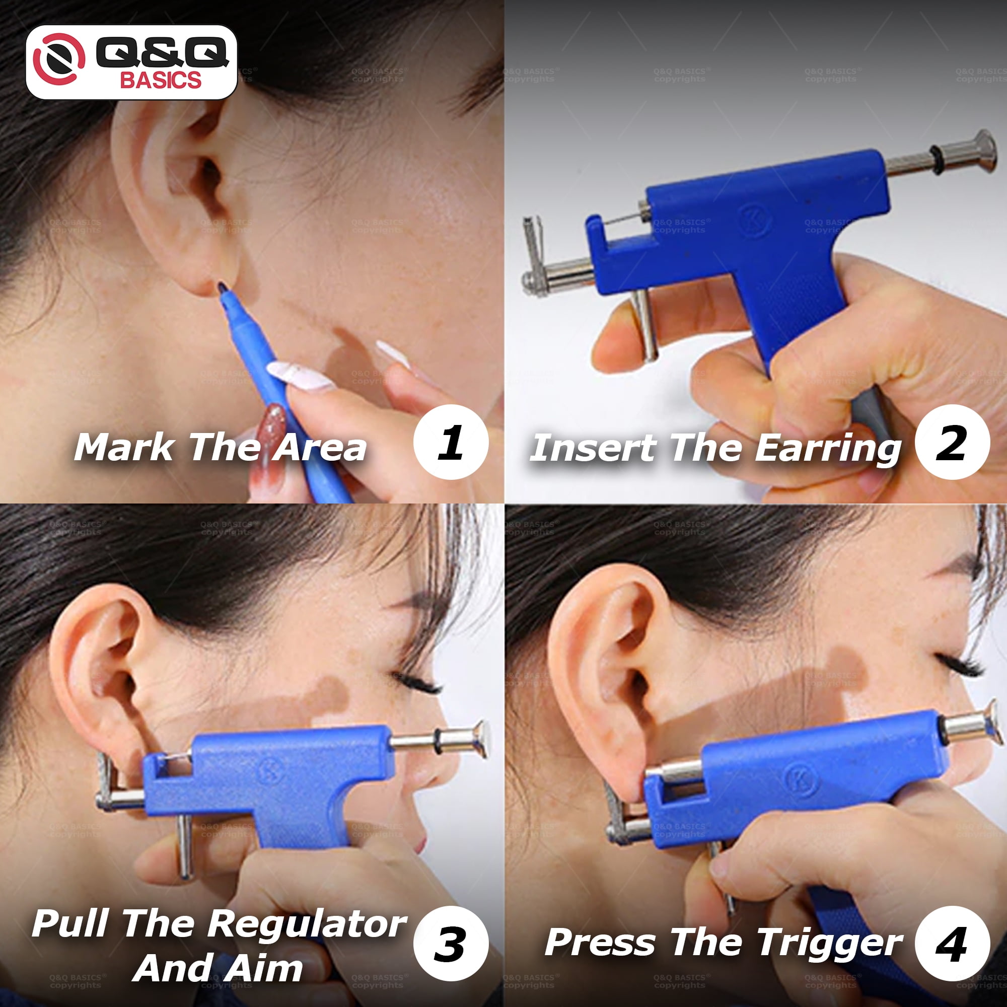 Q&Q BASICS Professional Piercing Gun Kit - Ear Piercing Gun, Nose Piercing Gun, and Body Piercing Gun with Studs Punch Tool Set for Safe and Efficient Piercings