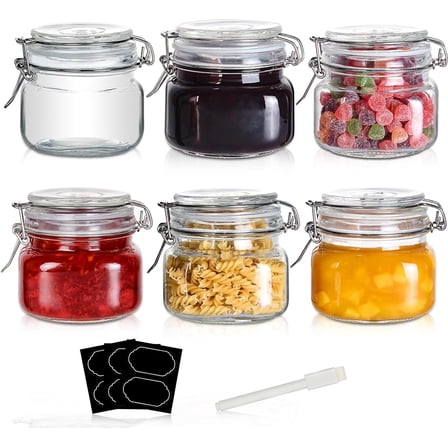 16oz Food Storage Canister Glass Jars with Clamp Airtight Lids and Silicone Gaskets for Multi-Purpose Kitchen Containers - Clear Square (6 Pack)