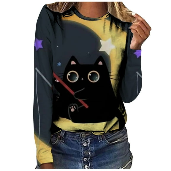 IROINNID Womens Long Sleeve Tops Loose Round-Neck Blouse Christmas Printing T-Shirt Tops,Yellow