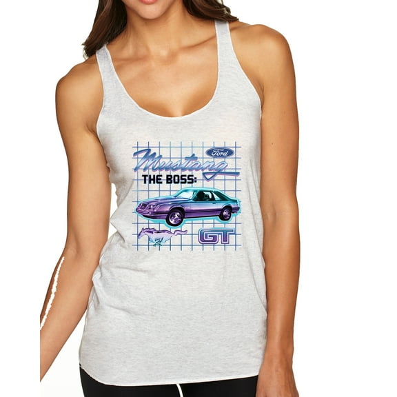 Wild Bobby, Ford Mustang GT The Boss Retro Neon Vintage | Womens Cars and Trucks Premium Tri-Blend Racerback Tank Top, Heather White, Small